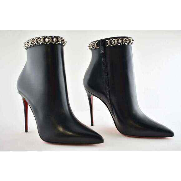 Christian Louboutin Booty Chain 100 Black Calf Leather Ankle Heel Bootie 40 - Picture 2 of 12